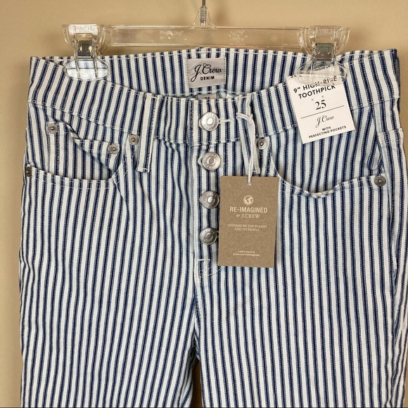 J. Crew Denim Blue & White Stripe Button-Fly High-Rise Toothpick Jeans Size 25 - Picture 3 of 10